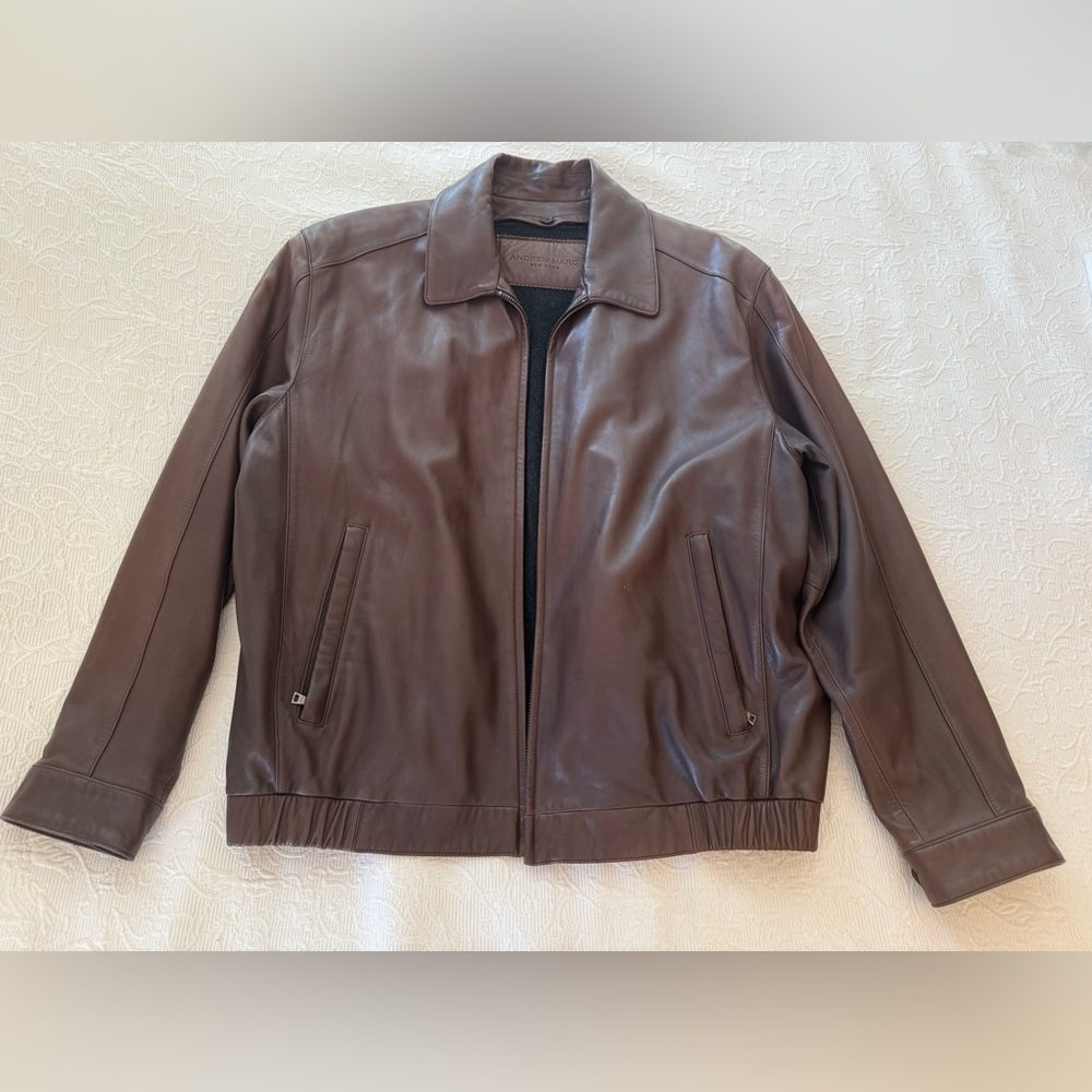 Andrew Marc Men's Brown Leather Jacket with Removable wool lining, Sz XL
